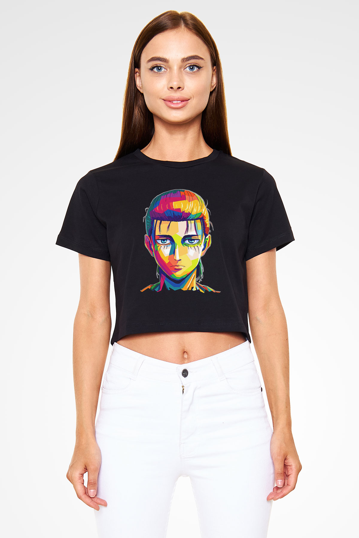 Eren Jaeger Baskılı Siyah Crop Top Kadın Tişört - Tshirt