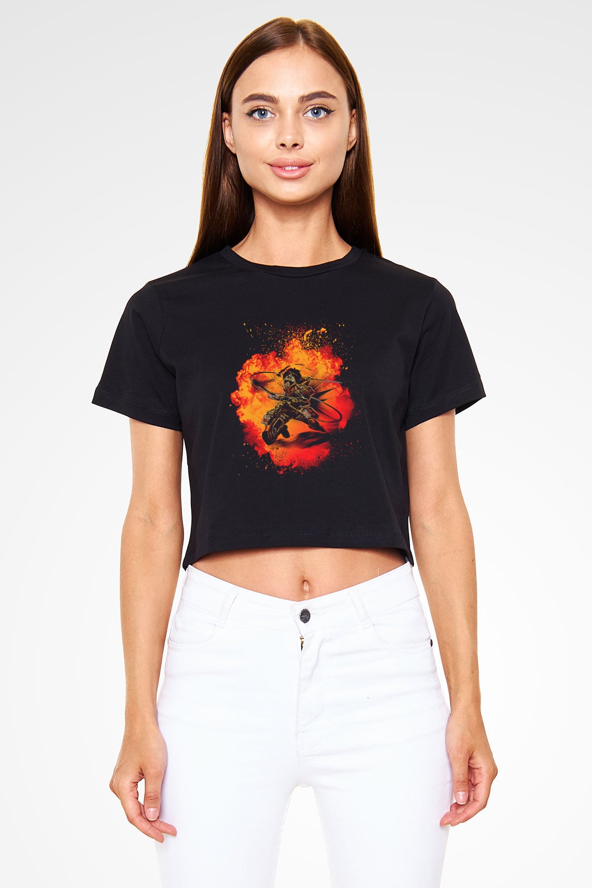 Eren Jaeger Baskılı Siyah Crop Top Kadın Tişört - Tshirt