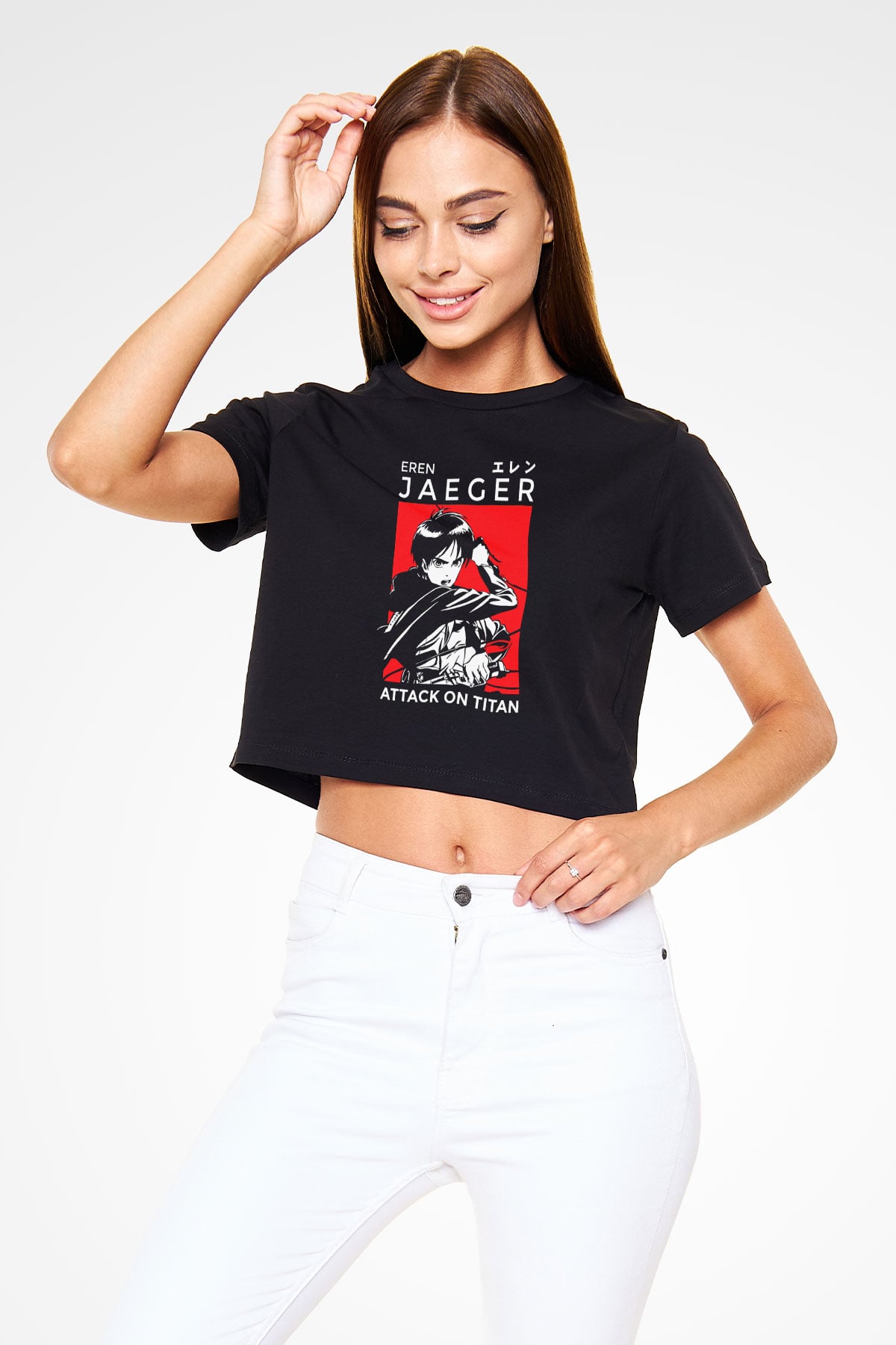 Eren Jaeger Baskılı Siyah Crop Top Kadın Tişört - Tshirt