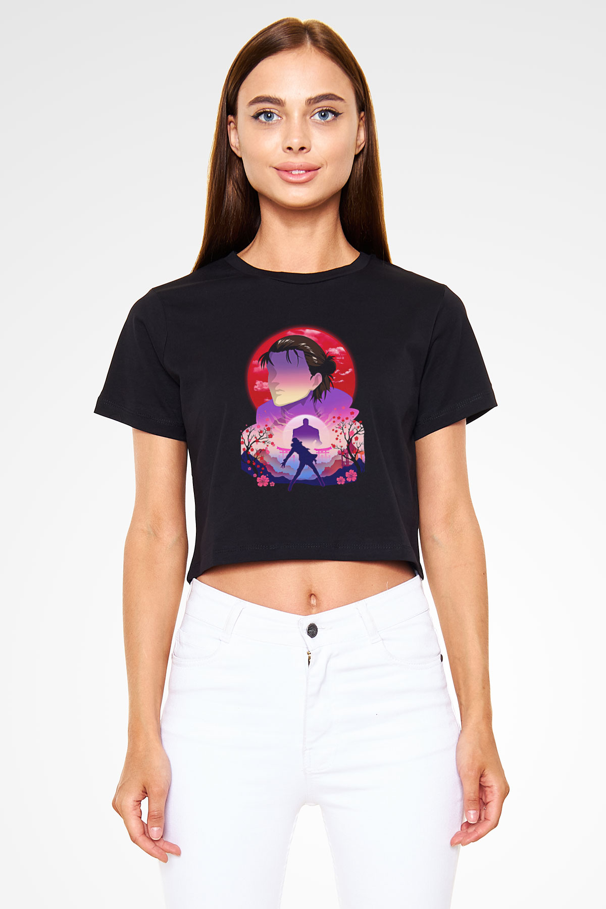 Eren Jaeger Baskılı Siyah Crop Top Kadın Tişört - Tshirt