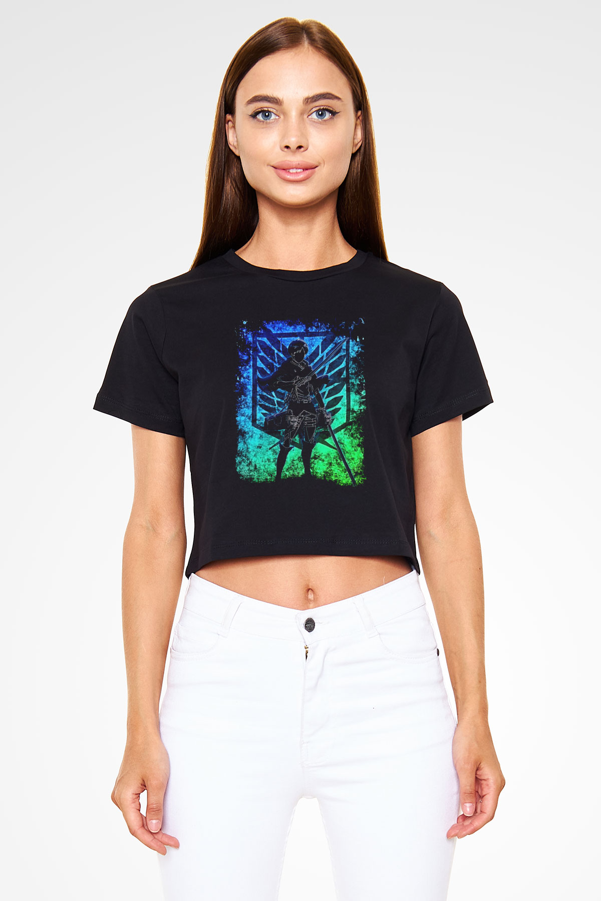 Eren Jaeger Baskılı Siyah Crop Top Kadın Tişört - Tshirt
