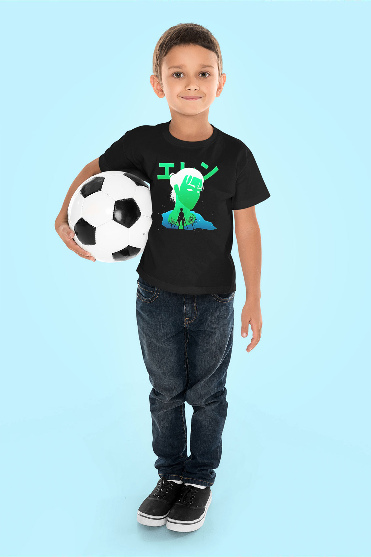 Eren Jaeger Baskılı Unisex Siyah Çocuk Tişört - Tshirt