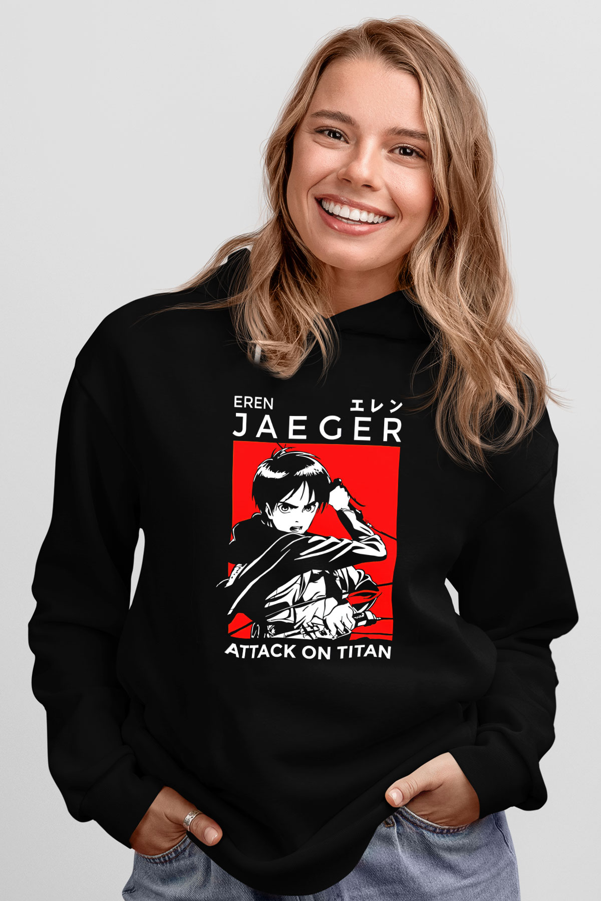 Eren Jaeger Baskılı Unisex Siyah Hoodie