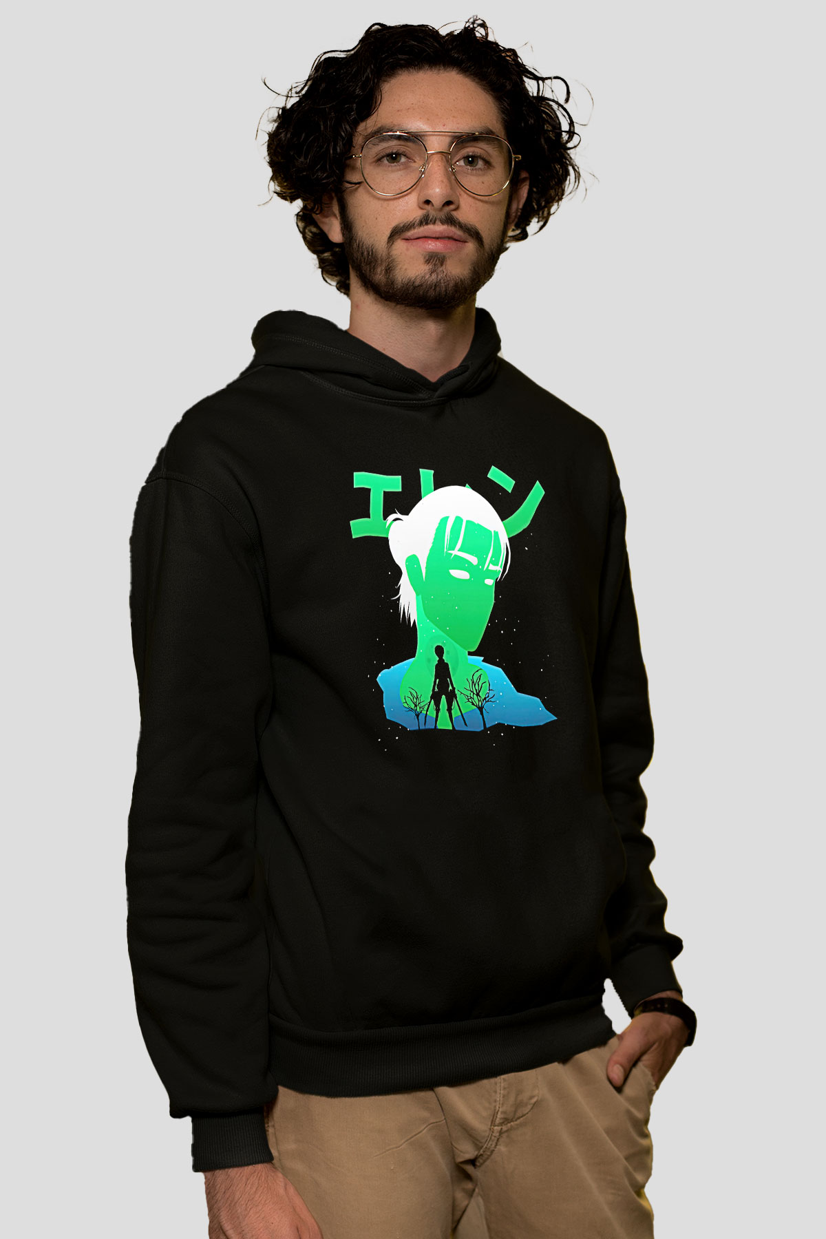 Eren Jaeger Baskılı Unisex Siyah Hoodie