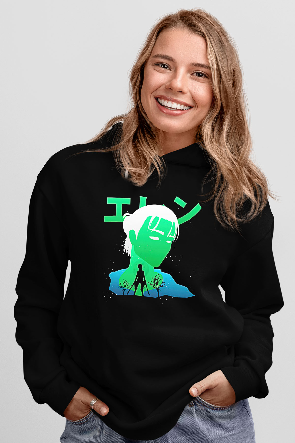 Eren Jaeger Baskılı Unisex Siyah Hoodie