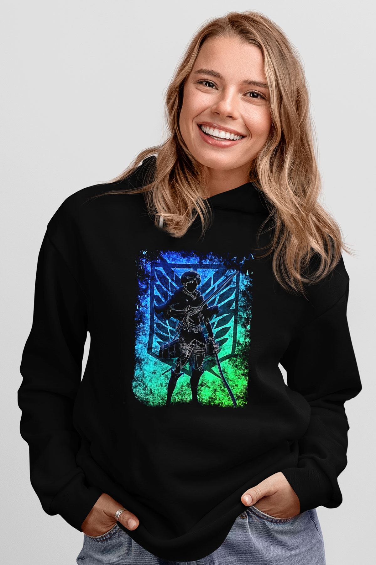 Eren Jaeger Baskılı Unisex Siyah Hoodie