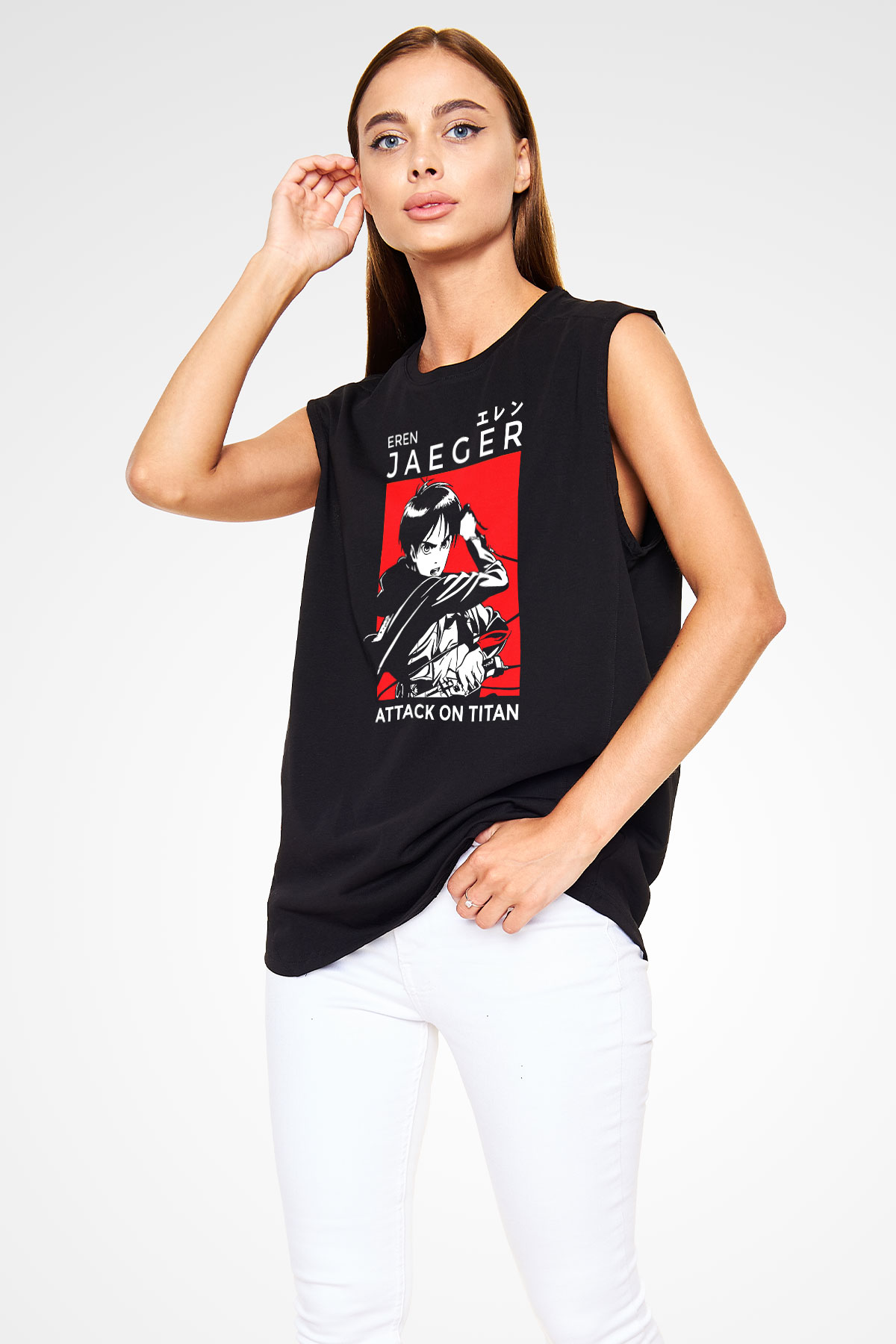Eren Jaeger Baskılı Unisex Siyah Kolsuz Tişört - Tshirt