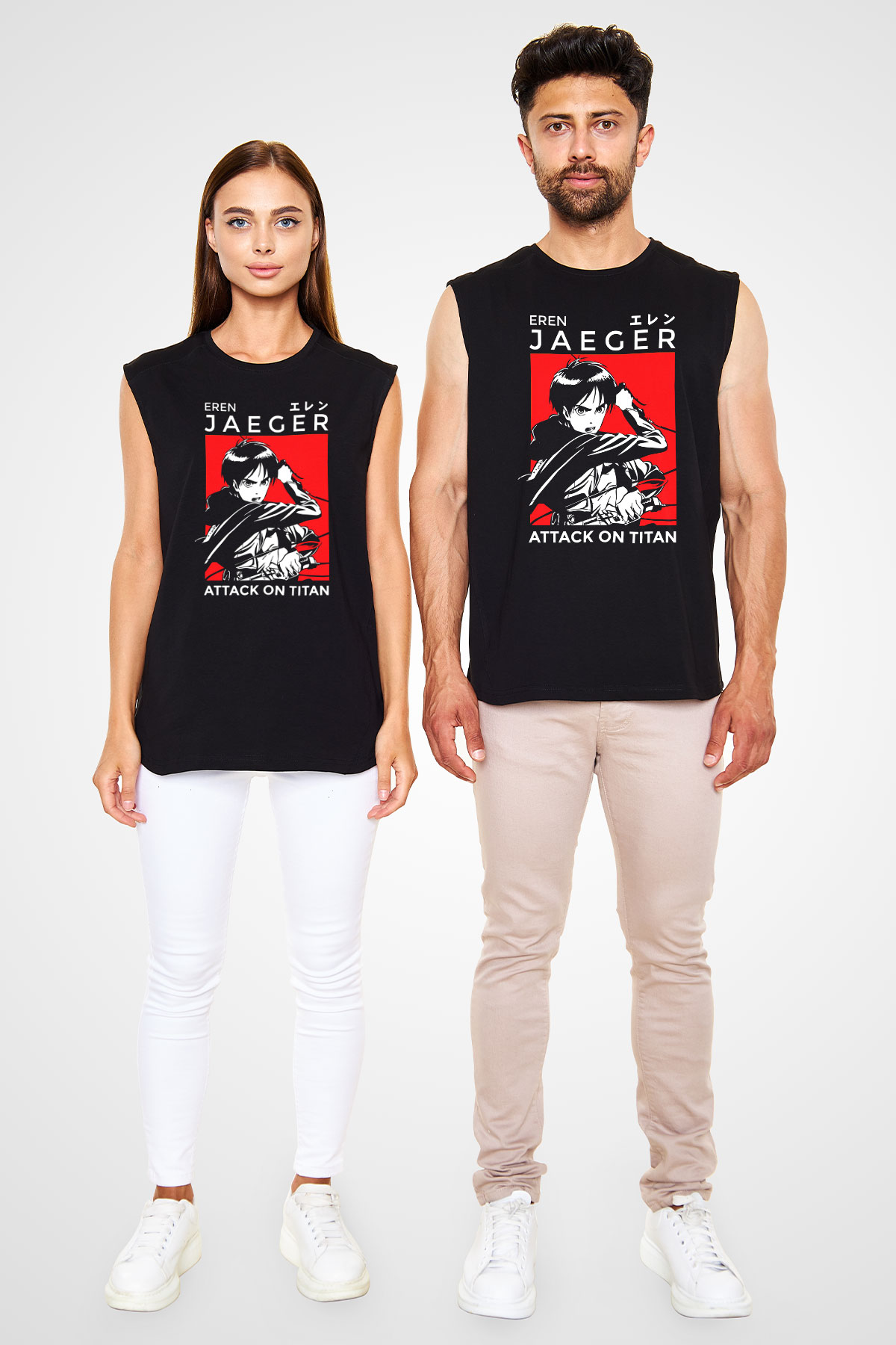 Eren Jaeger Baskılı Unisex Siyah Kolsuz Tişört - Tshirt