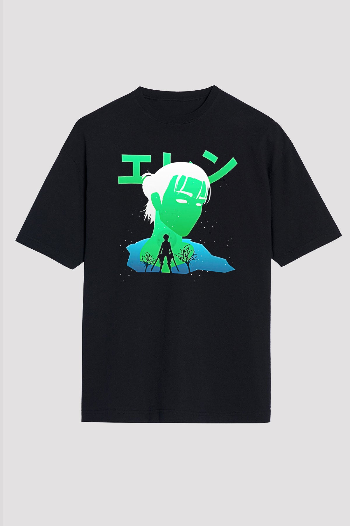 Eren Jaeger Baskılı Unisex Siyah Oversize Tişört - Tshirt
