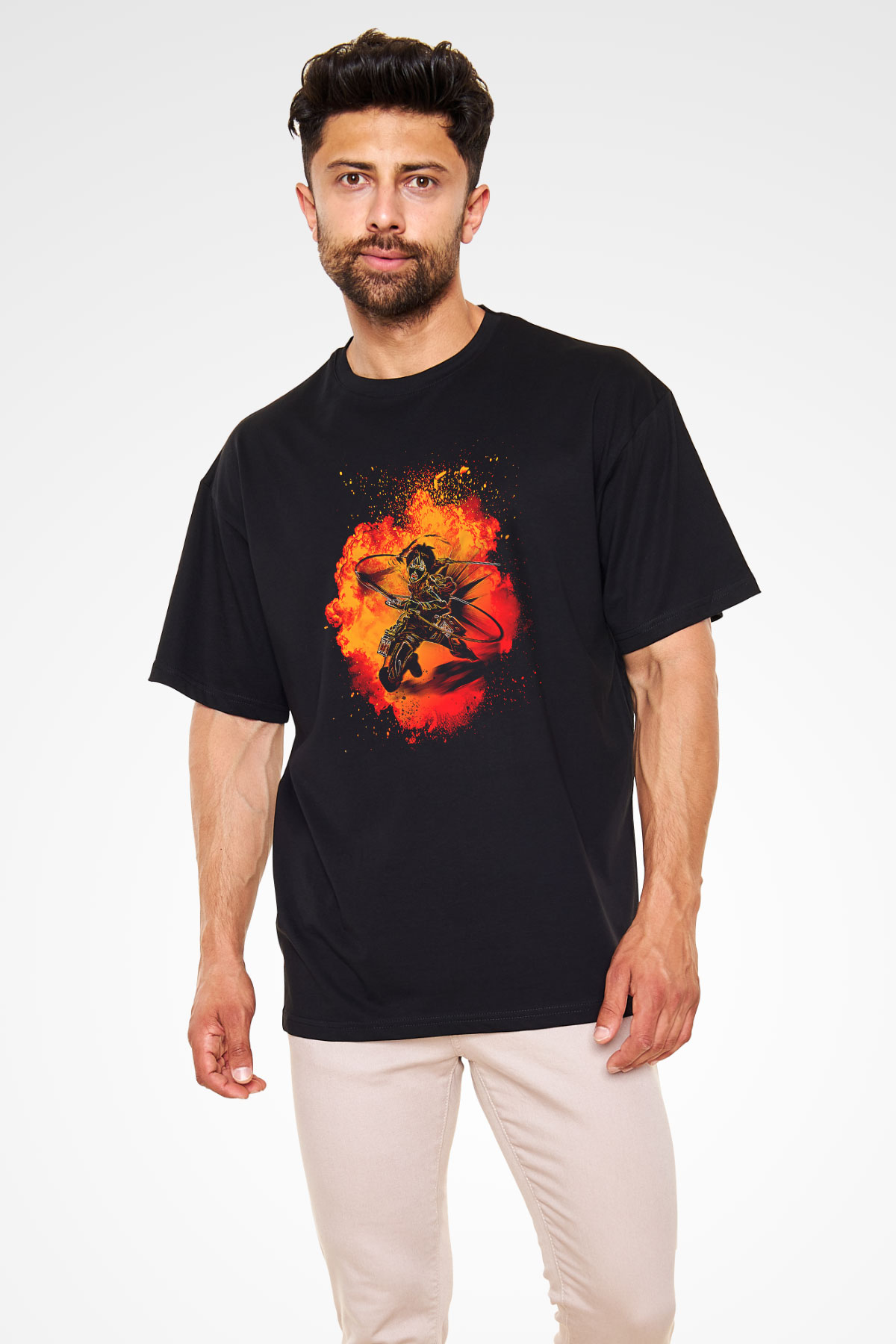 Eren Jaeger Baskılı Unisex Siyah Oversize Tişört - Tshirt