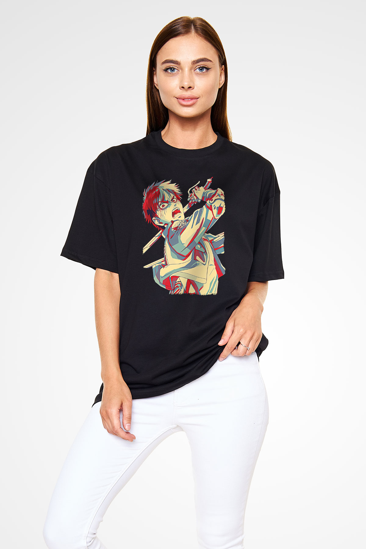 Eren Jaeger Baskılı Unisex Siyah Oversize Tişört - Tshirt