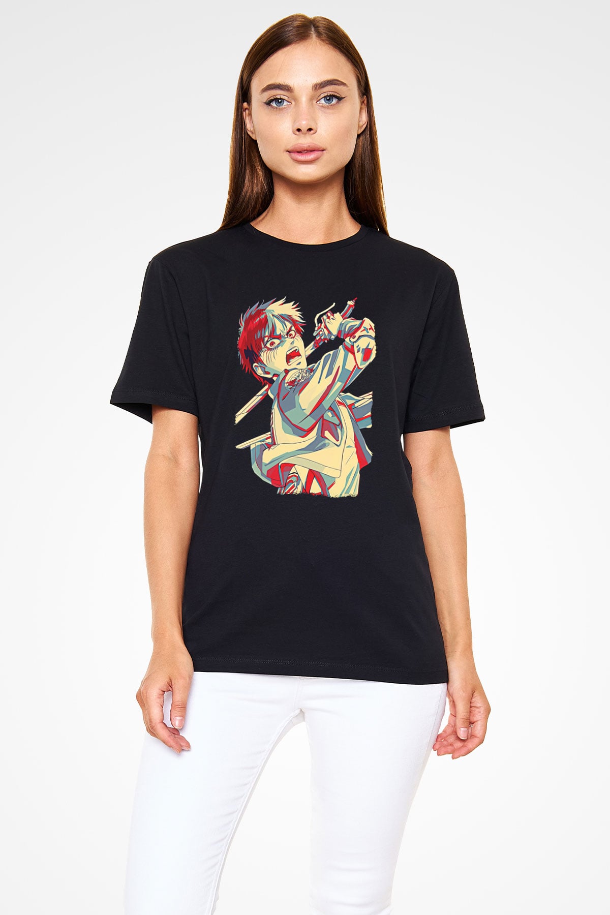 Eren Jaeger Baskılı Unisex Siyah Tişört - Tshirt