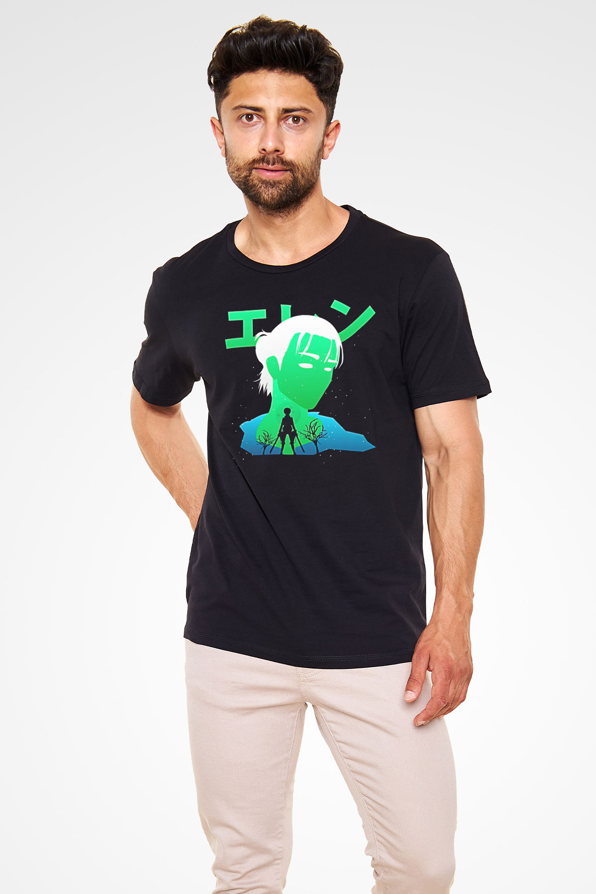Eren Jaeger Baskılı Unisex Siyah Tişört - Tshirt