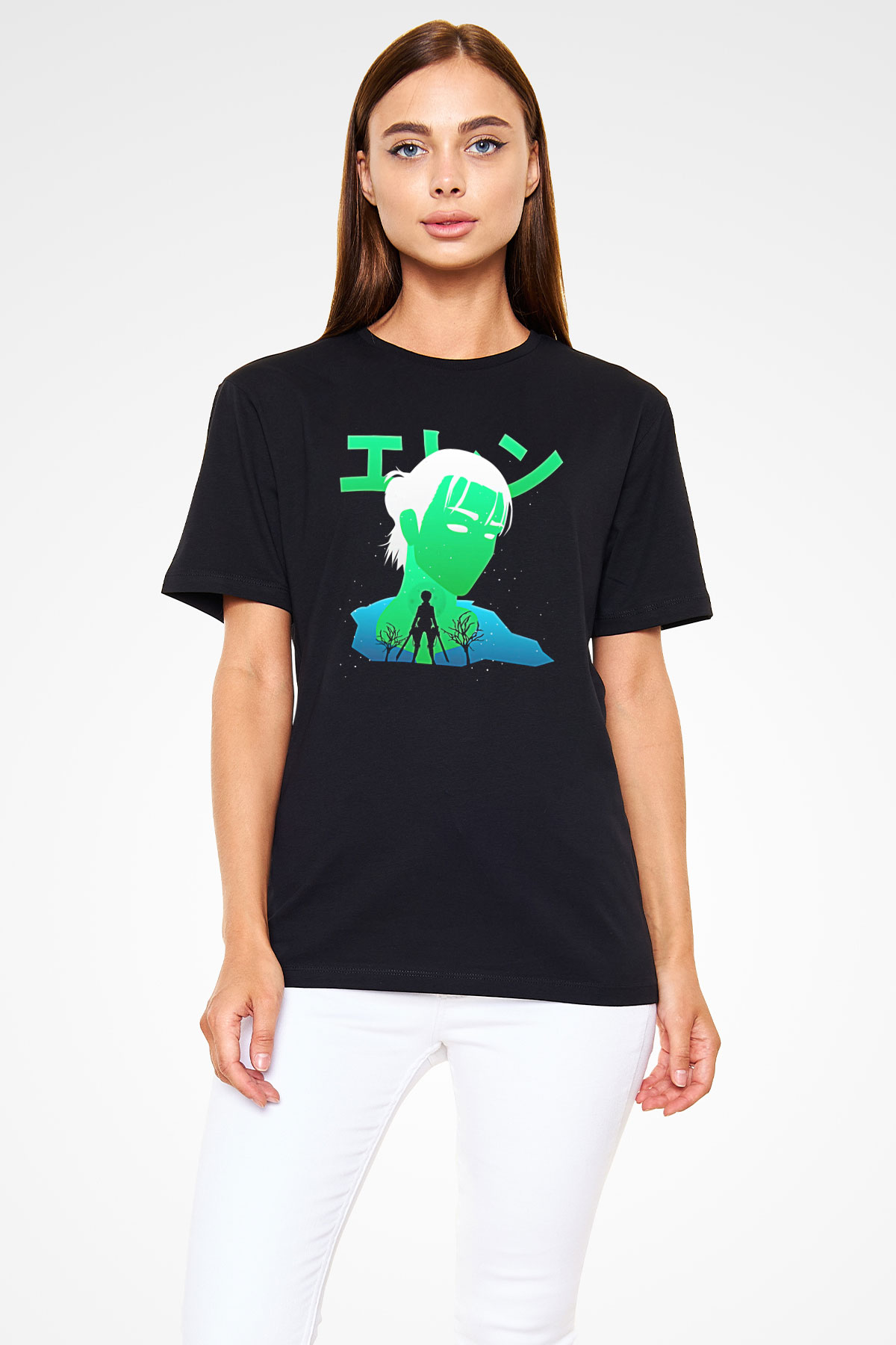 Eren Jaeger Baskılı Unisex Siyah Tişört - Tshirt