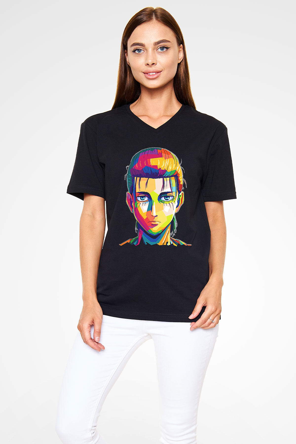 Eren Jaeger Baskılı Unisex Siyah V Yaka Tişört - Tshirt