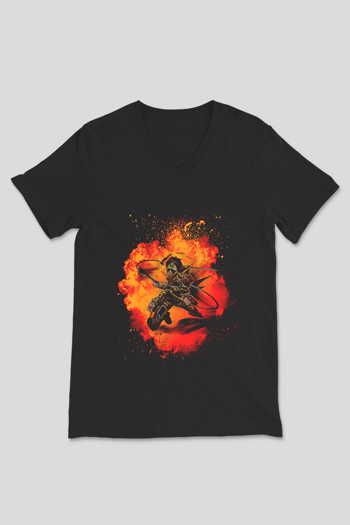 Eren Jaeger Baskılı Unisex Siyah V Yaka Tişört - Tshirt