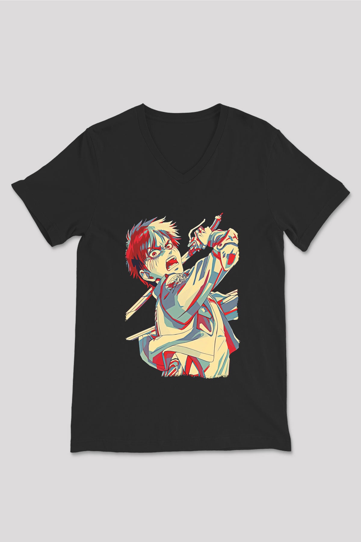 Eren Jaeger Baskılı Unisex Siyah V Yaka Tişört - Tshirt