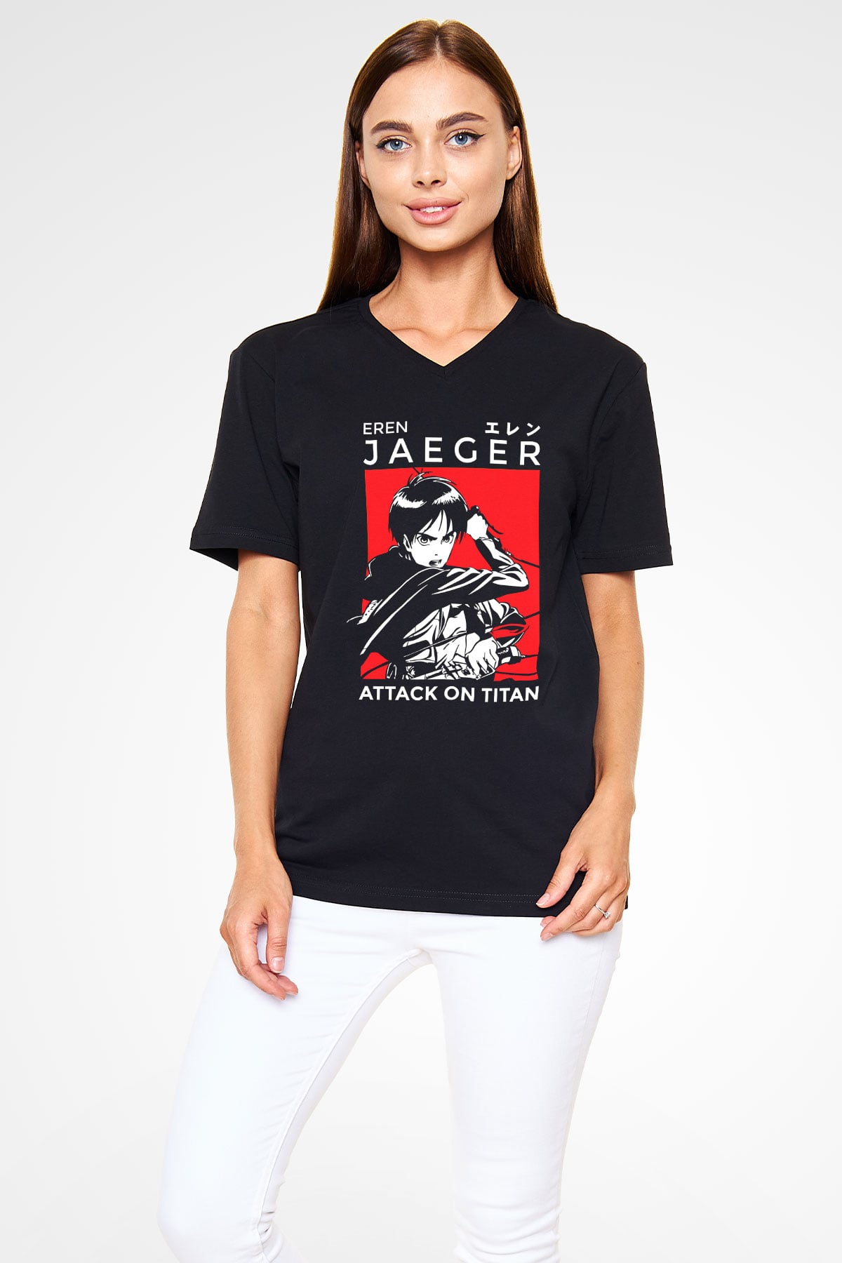 Eren Jaeger Baskılı Unisex Siyah V Yaka Tişört - Tshirt