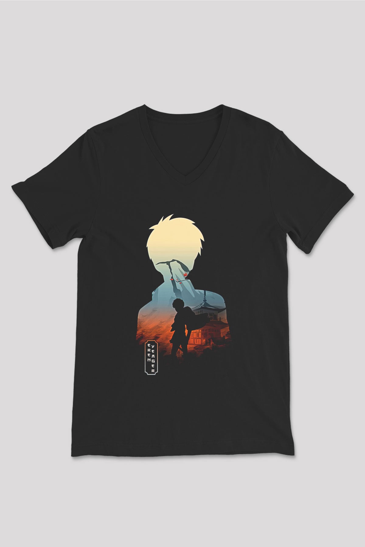 Eren Jaeger Baskılı Unisex Siyah V Yaka Tişört - Tshirt