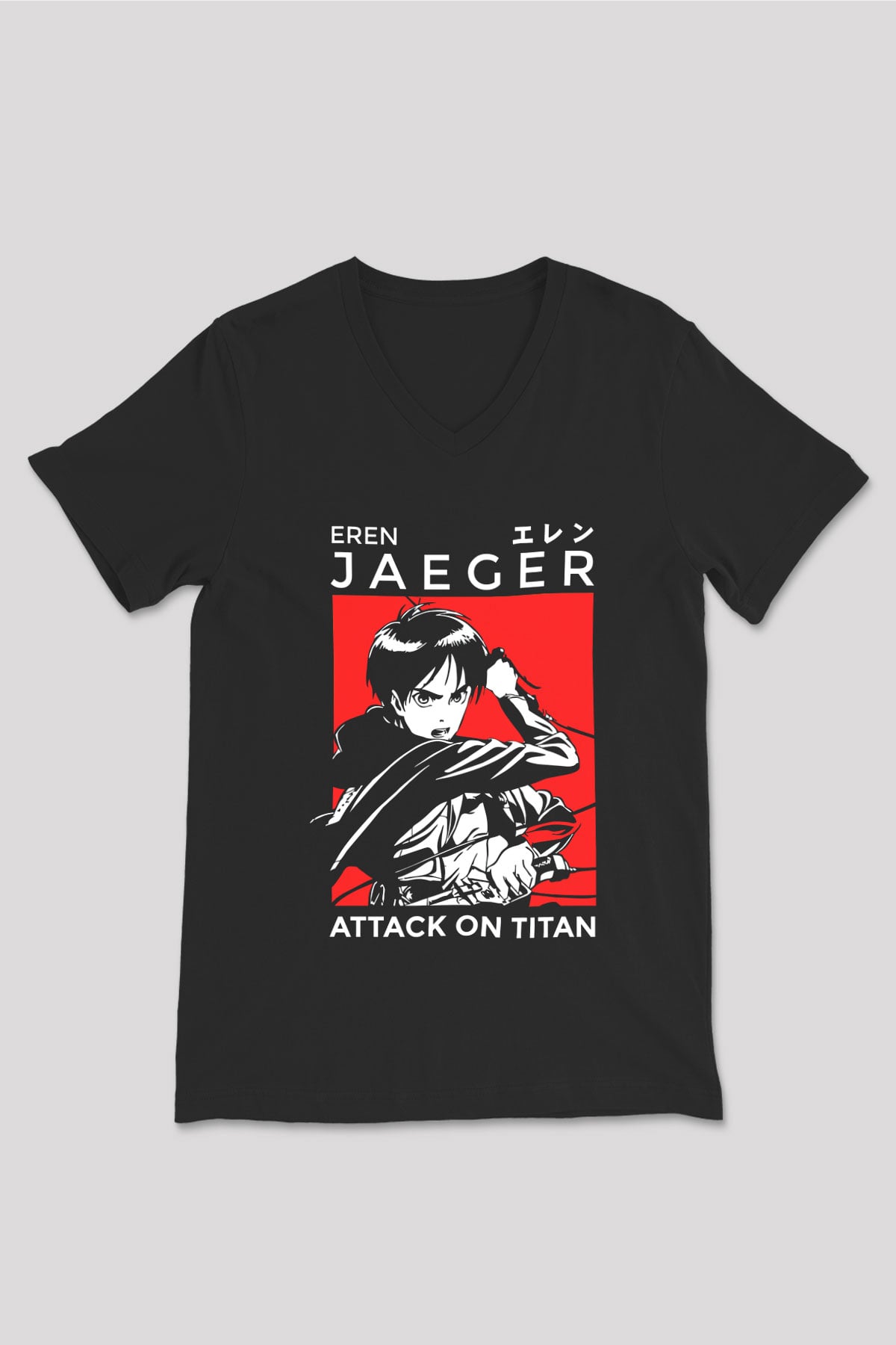 Eren Jaeger Baskılı Unisex Siyah V Yaka Tişört - Tshirt