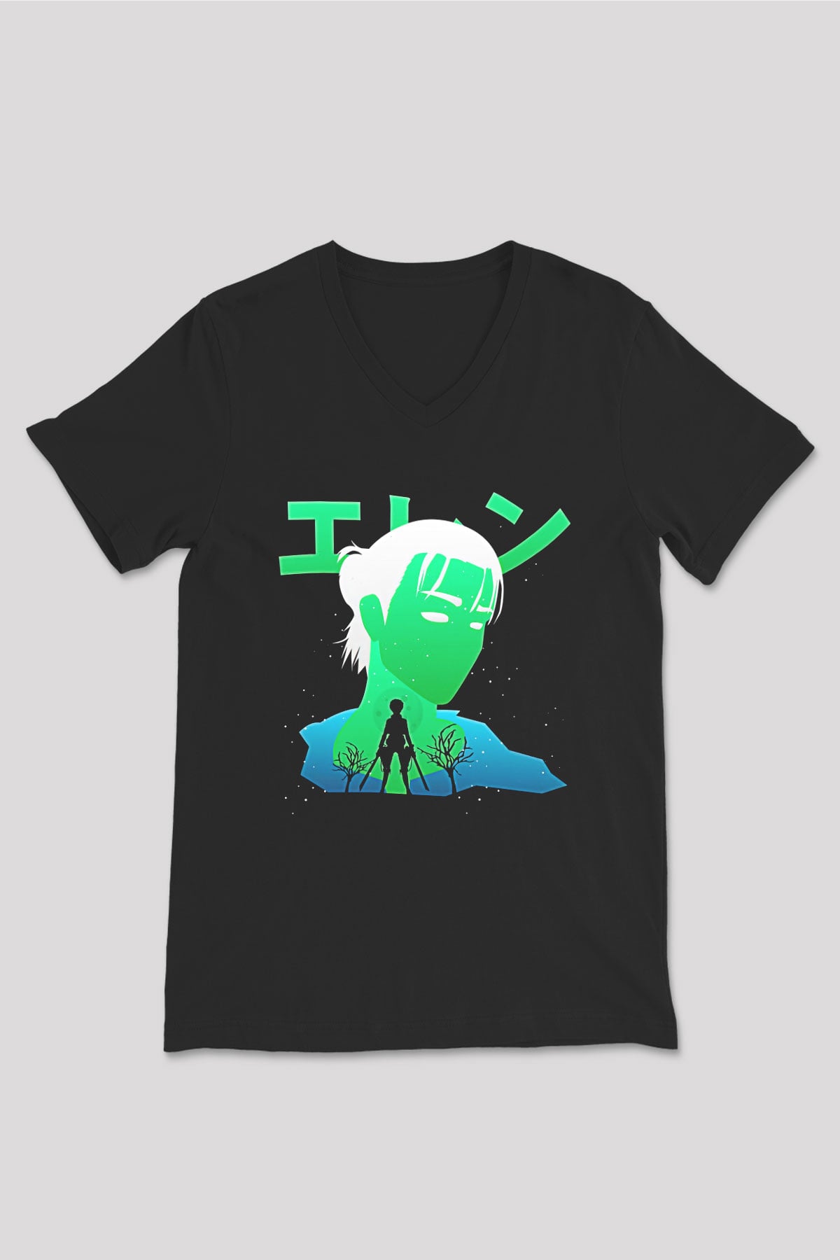 Eren Jaeger Baskılı Unisex Siyah V Yaka Tişört - Tshirt