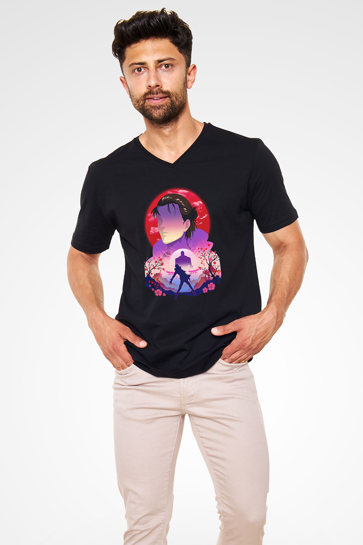 Eren Jaeger Baskılı Unisex Siyah V Yaka Tişört - Tshirt