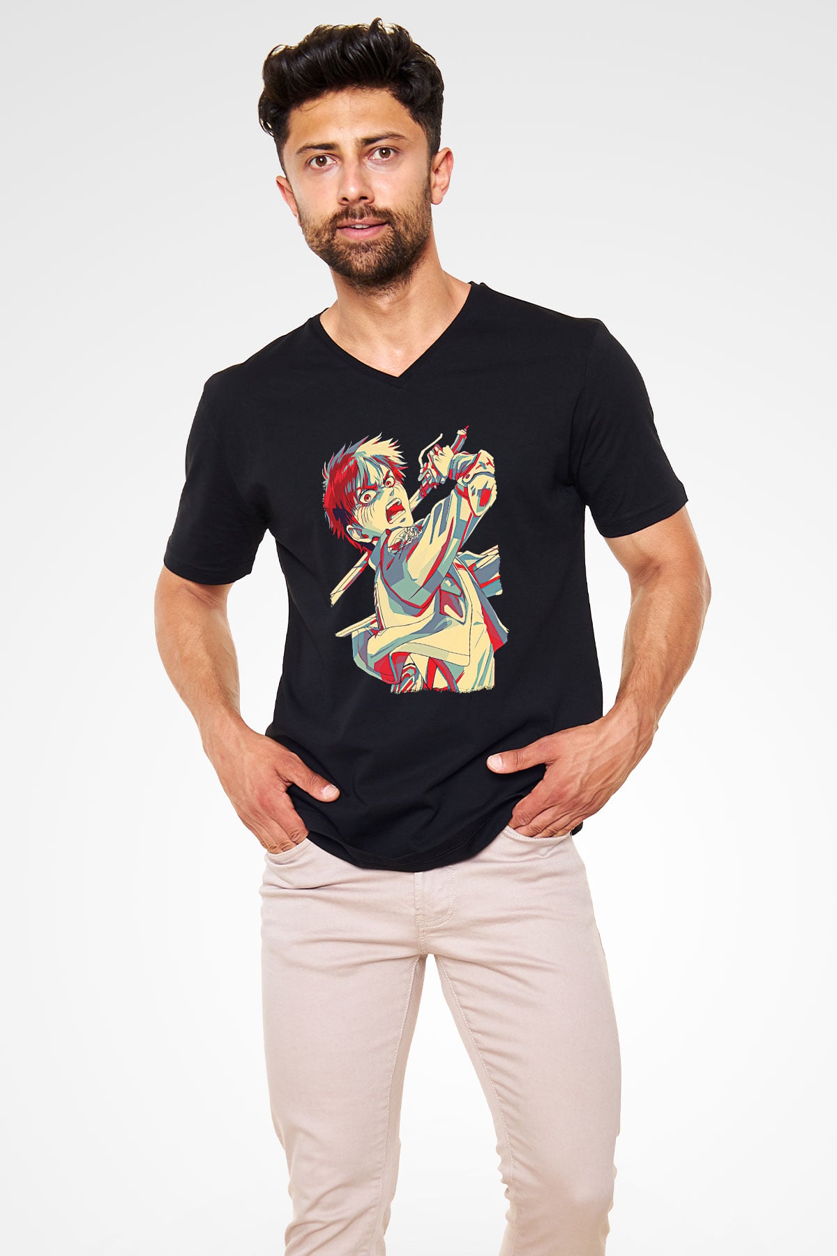 Eren Jaeger Baskılı Unisex Siyah V Yaka Tişört - Tshirt