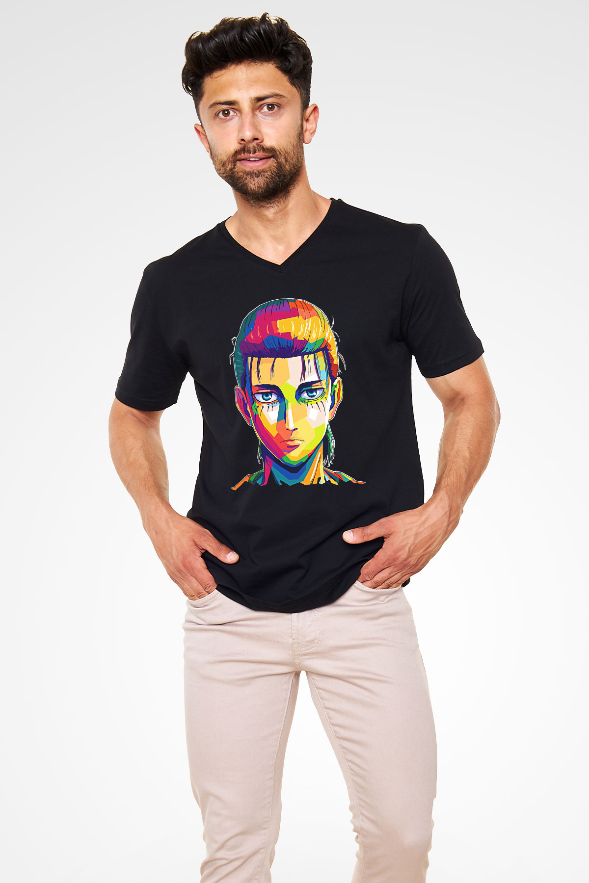 Eren Jaeger Baskılı Unisex Siyah V Yaka Tişört - Tshirt