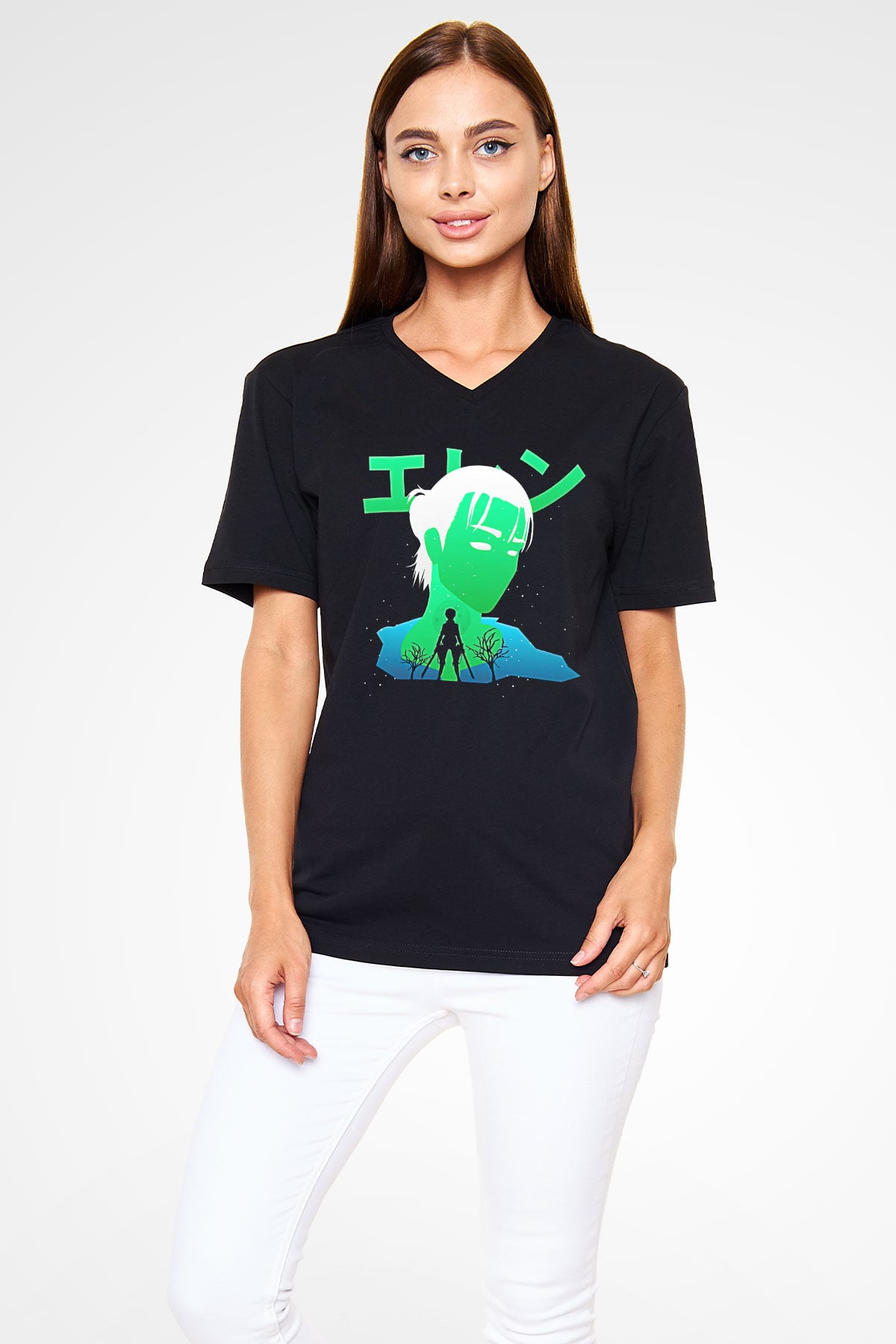 Eren Jaeger Baskılı Unisex Siyah V Yaka Tişört - Tshirt