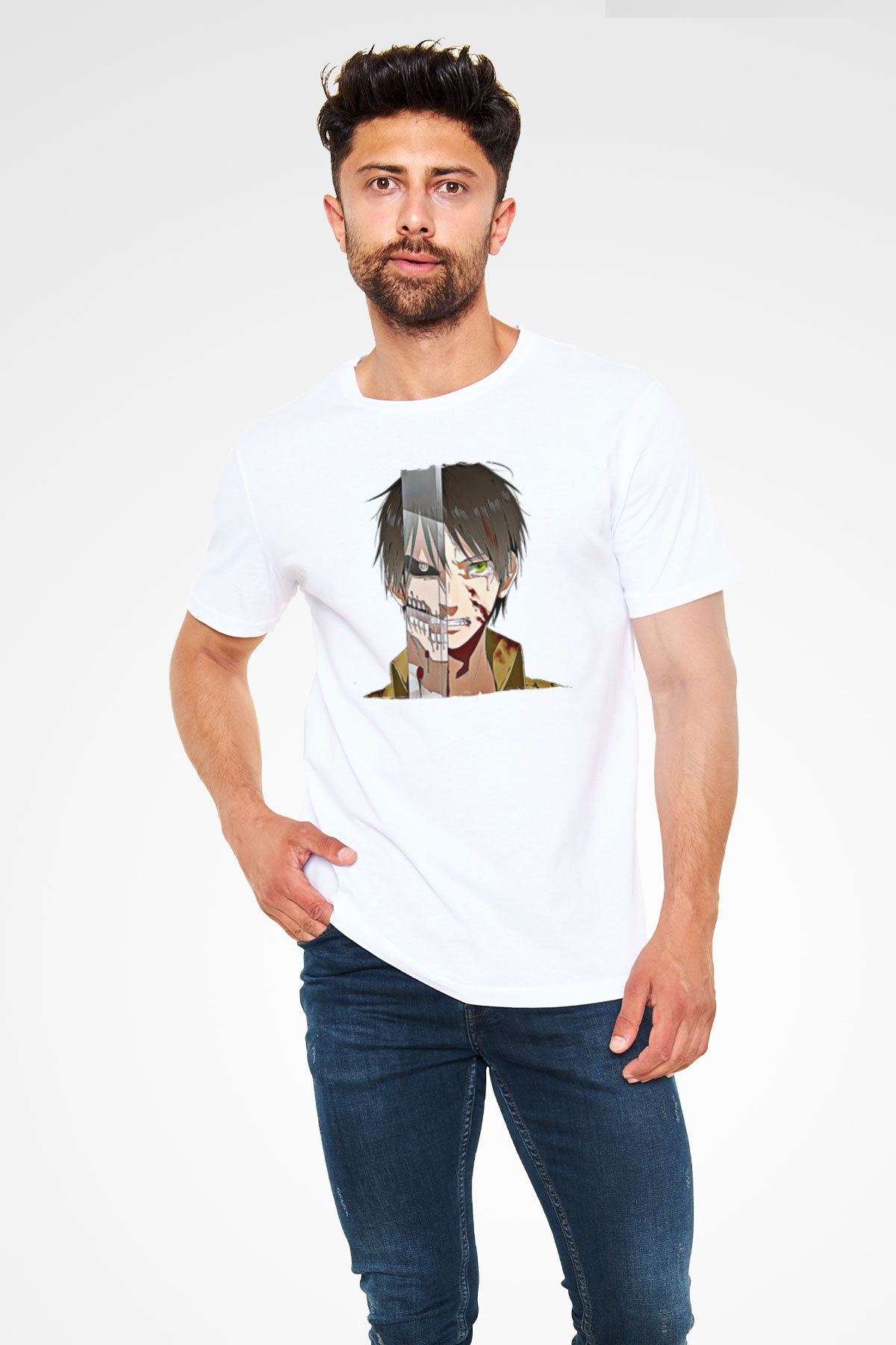 Eren Jaeger Unisex Baskılı Beyaz Tişört - Tshirt
