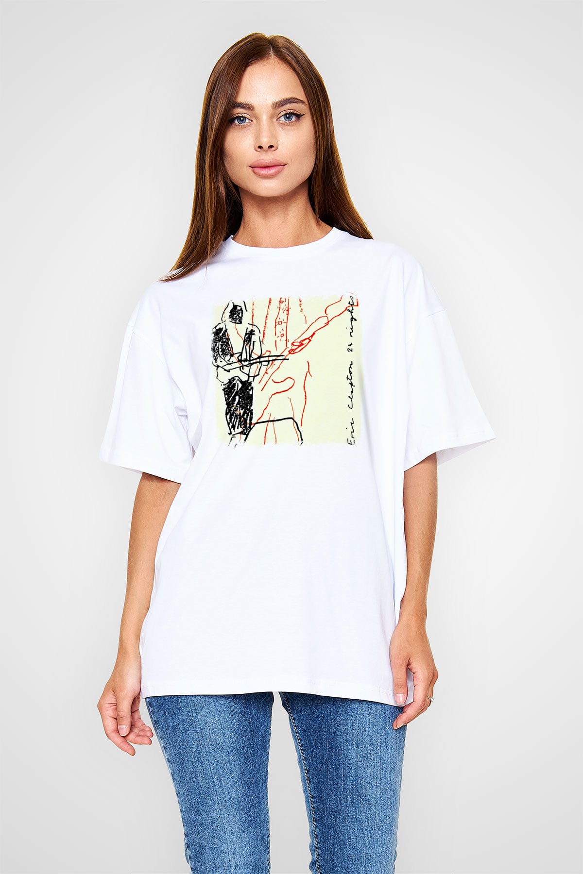 Eric Clapton Baskılı Unisex Beyaz Oversize Tişört