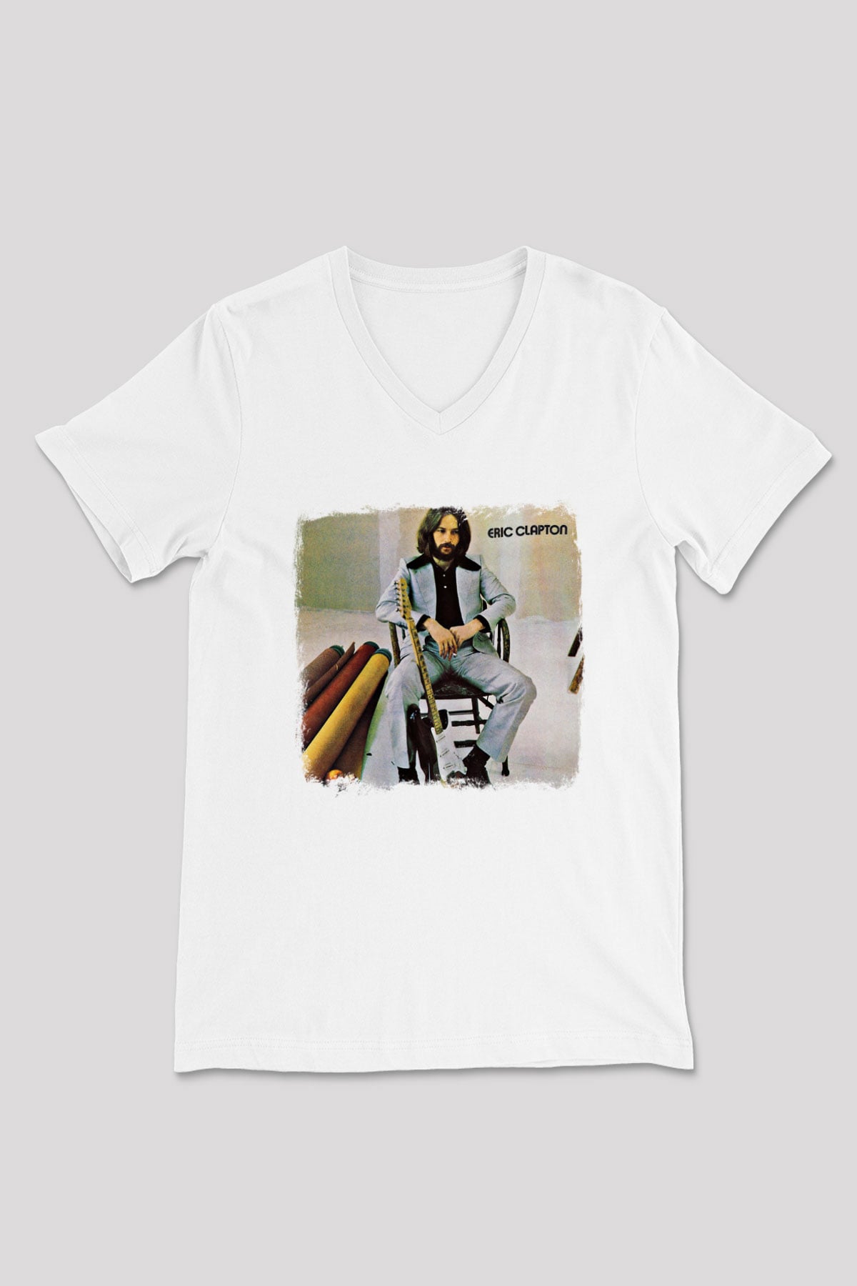 Eric Clapton Baskılı Unisex Beyaz V Yaka Tişört