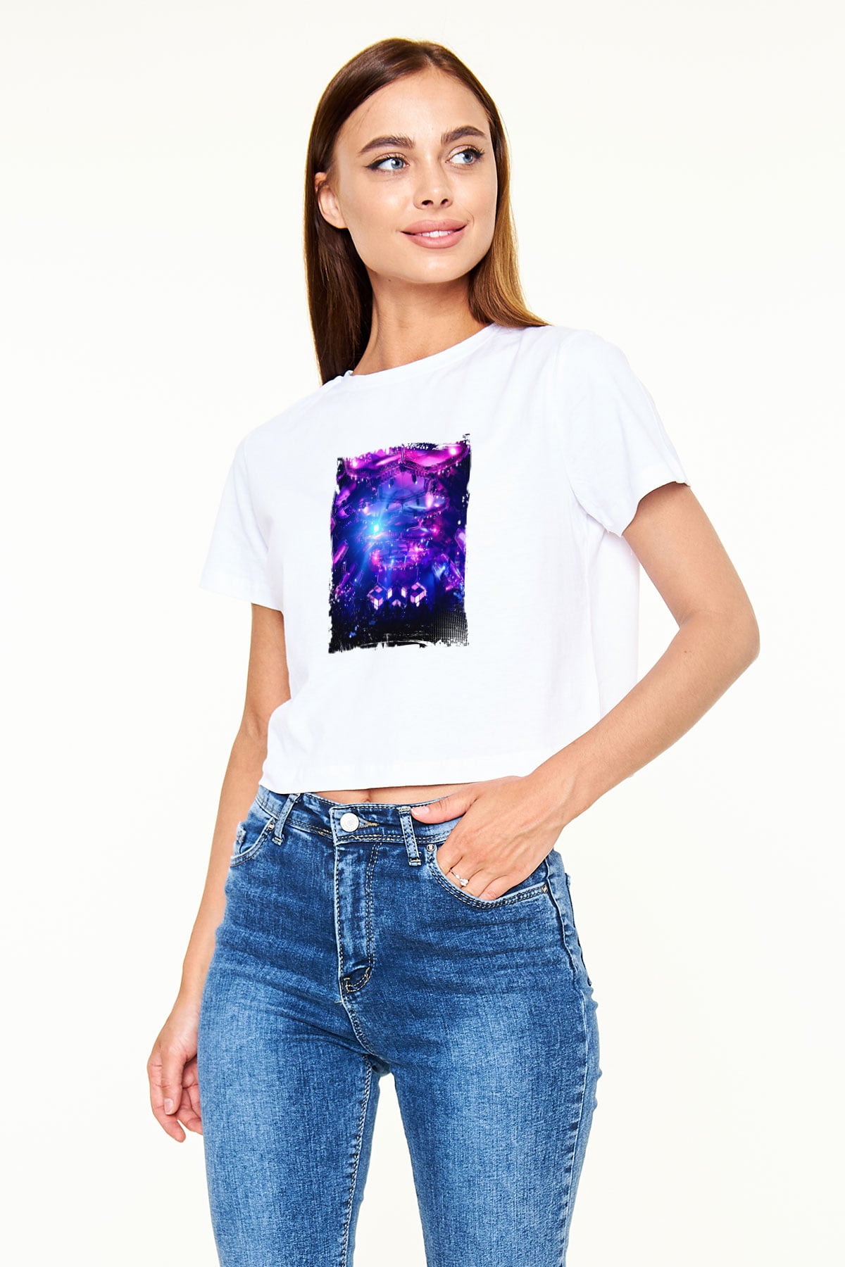 Eric Prydz Baskılı Beyaz Kadın Crop Top Tişört