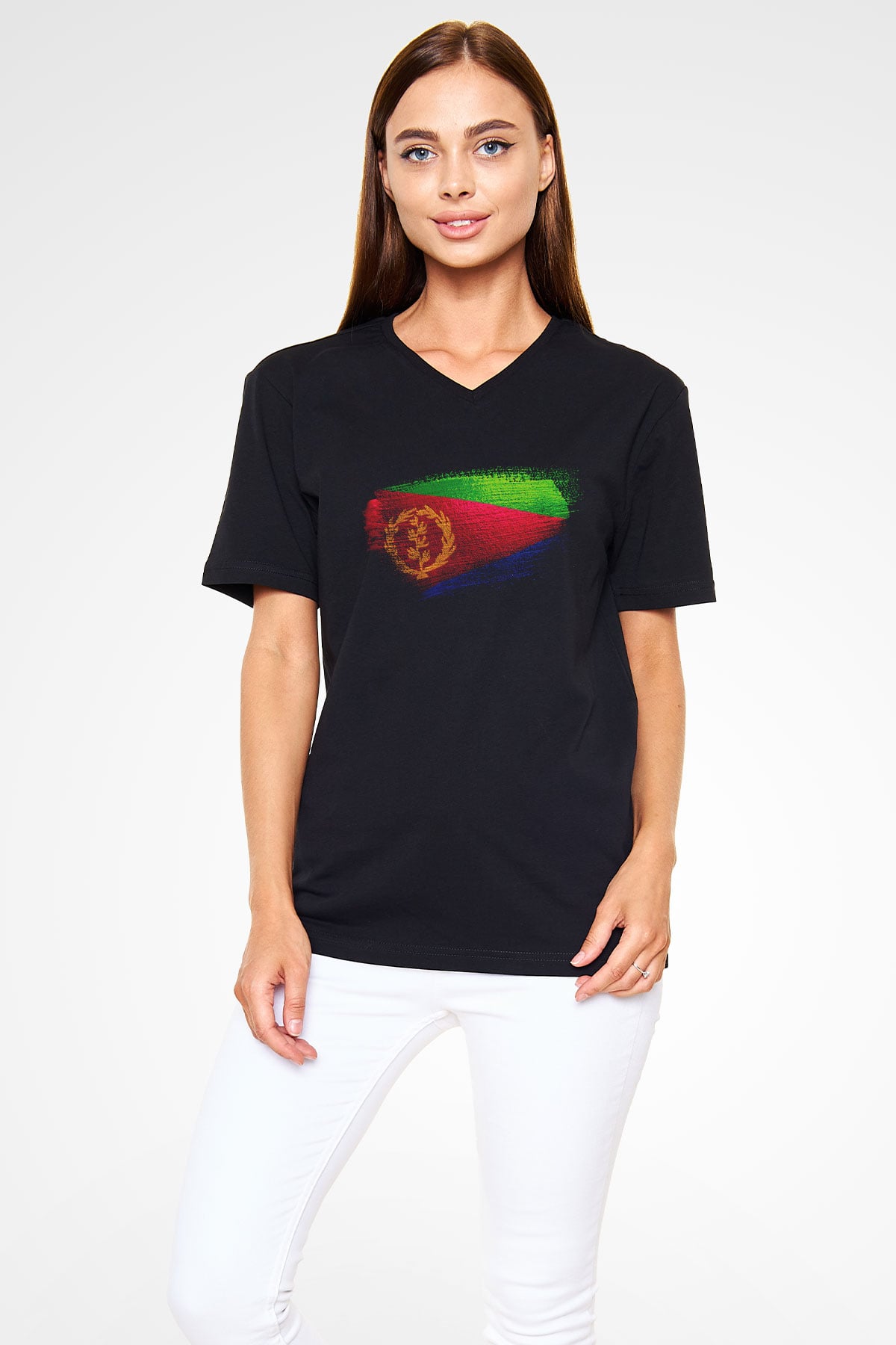 Eritre - Eritrea Bayrağı Baskılı Unisex Siyah V Yaka Tişört