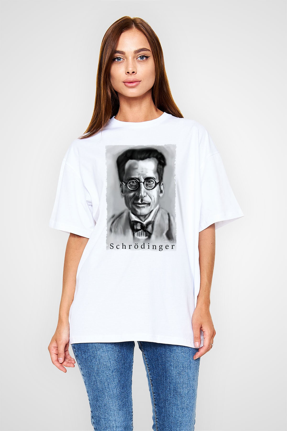 Erwin Schrödinger Baskılı Unisex Oversize Beyaz Tişört - Tshirt