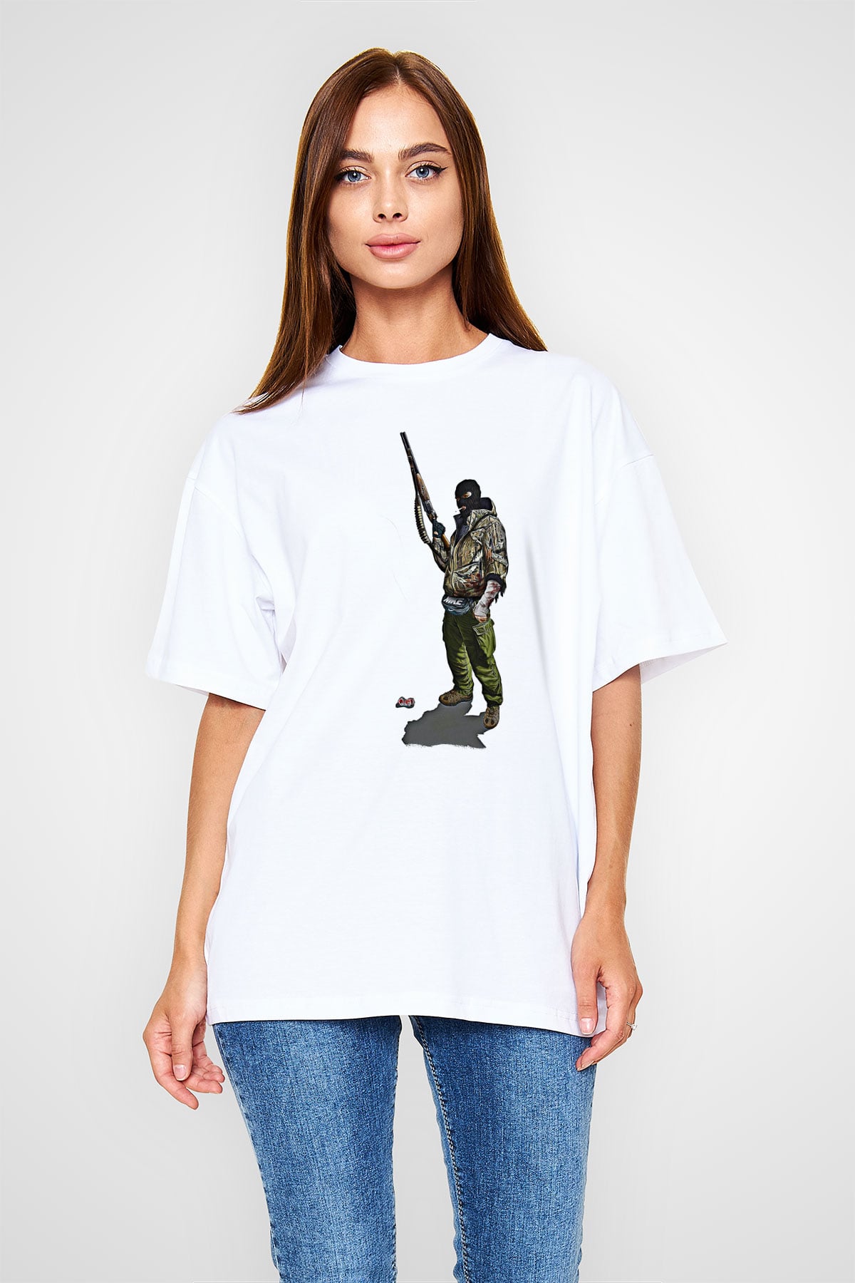 Escape From Tarkov Baskılı Beyaz Unisex Oversize Tişört - Tshirt