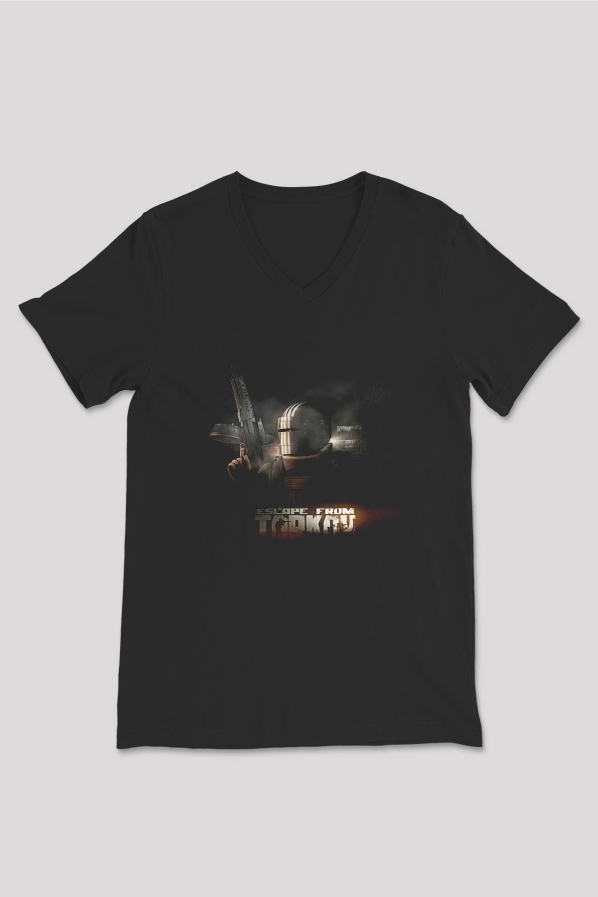 Escape From Tarkov Baskılı Unisex Siyah V Yaka Tişört - Tshirt