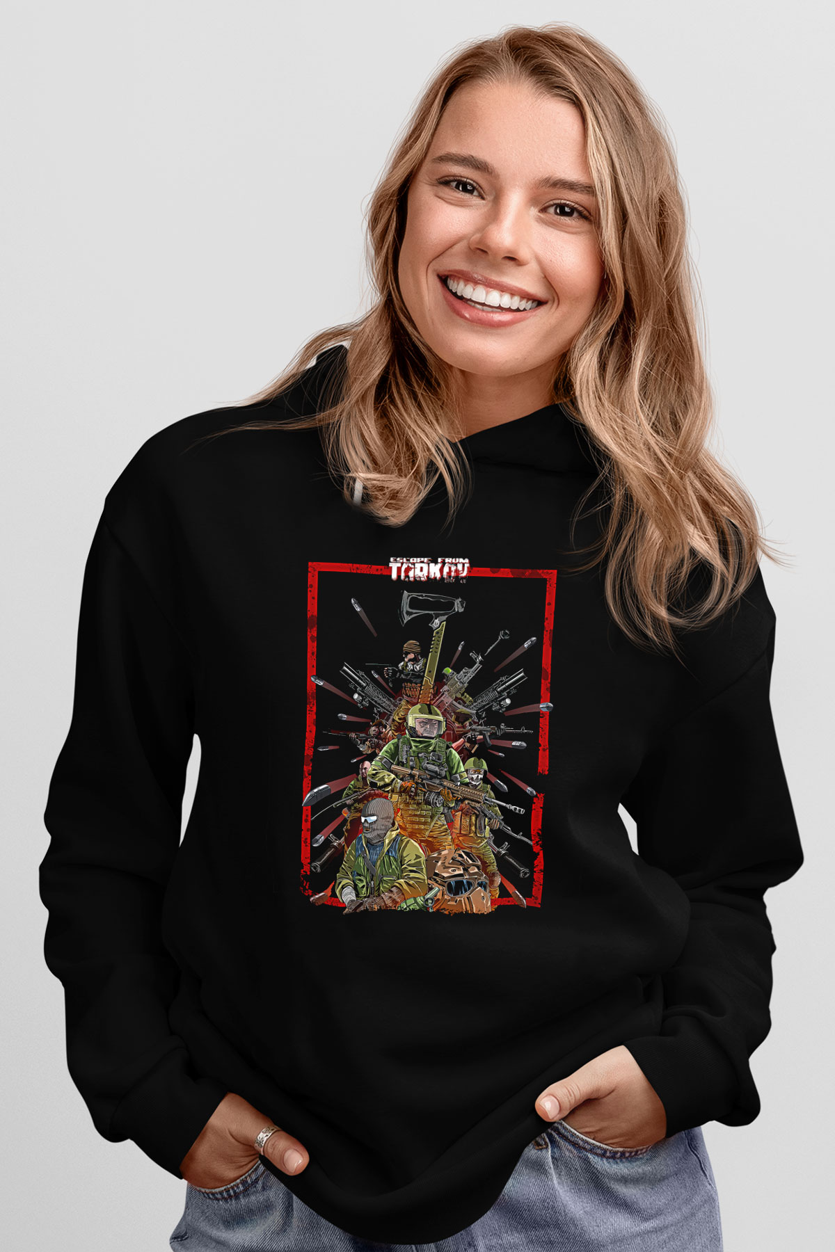 Escape From Tarkov Baskılı Unisex Siyah Kapüşonlu Sweatshirt
