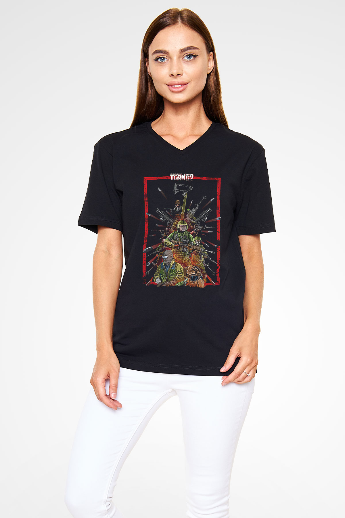 Escape From Tarkov Baskılı Unisex Siyah V Yaka Tişört - Tshirt