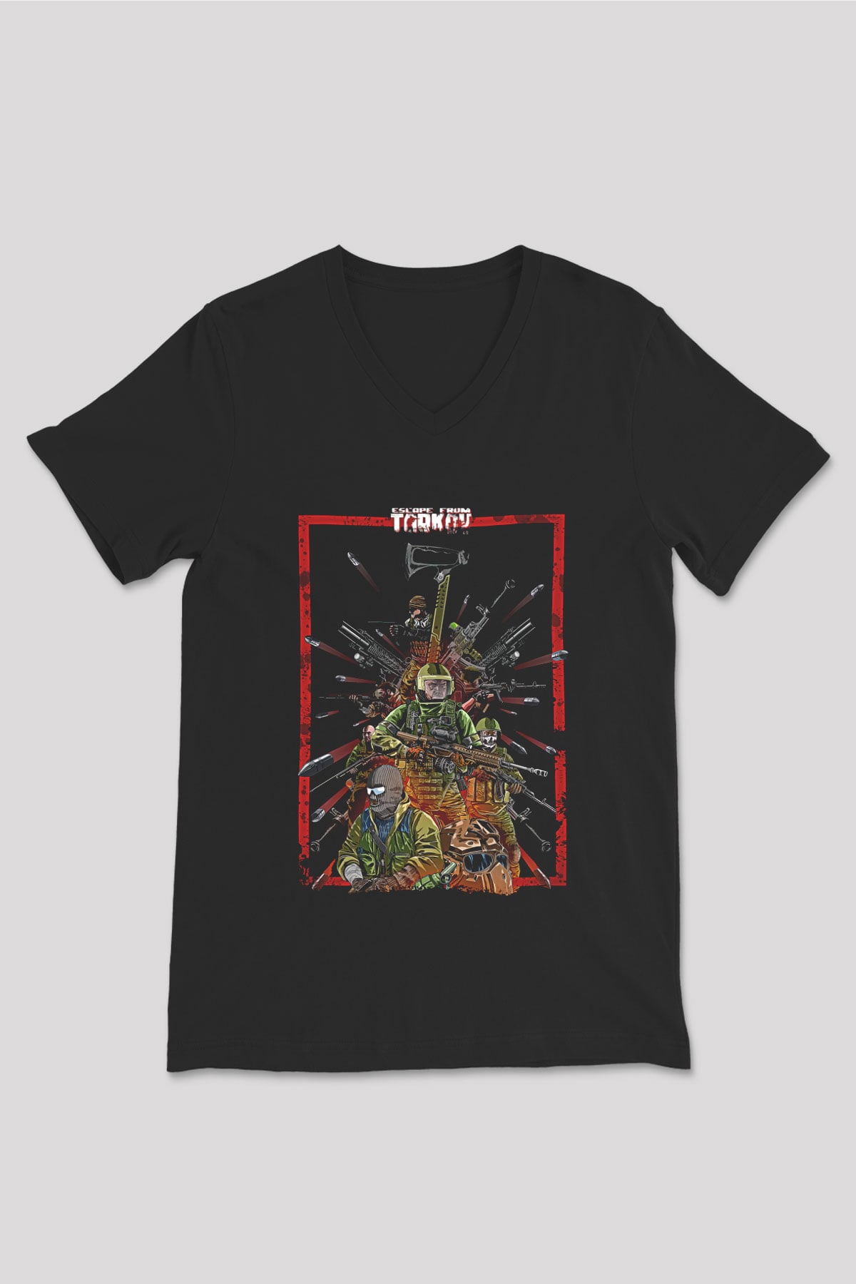 Escape From Tarkov Baskılı Unisex Siyah V Yaka Tişört - Tshirt