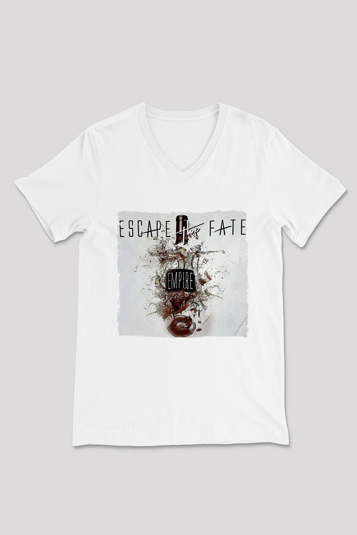 Escape the fate Baskılı Beyaz Unisex V Yaka Tişört - Tshirt