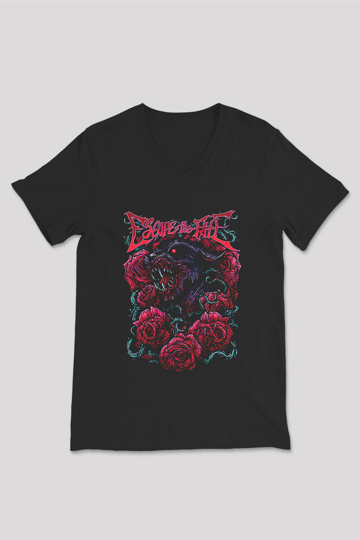 Escape the fate Baskılı Unisex Siyah V Yaka Tişört - Tshirt