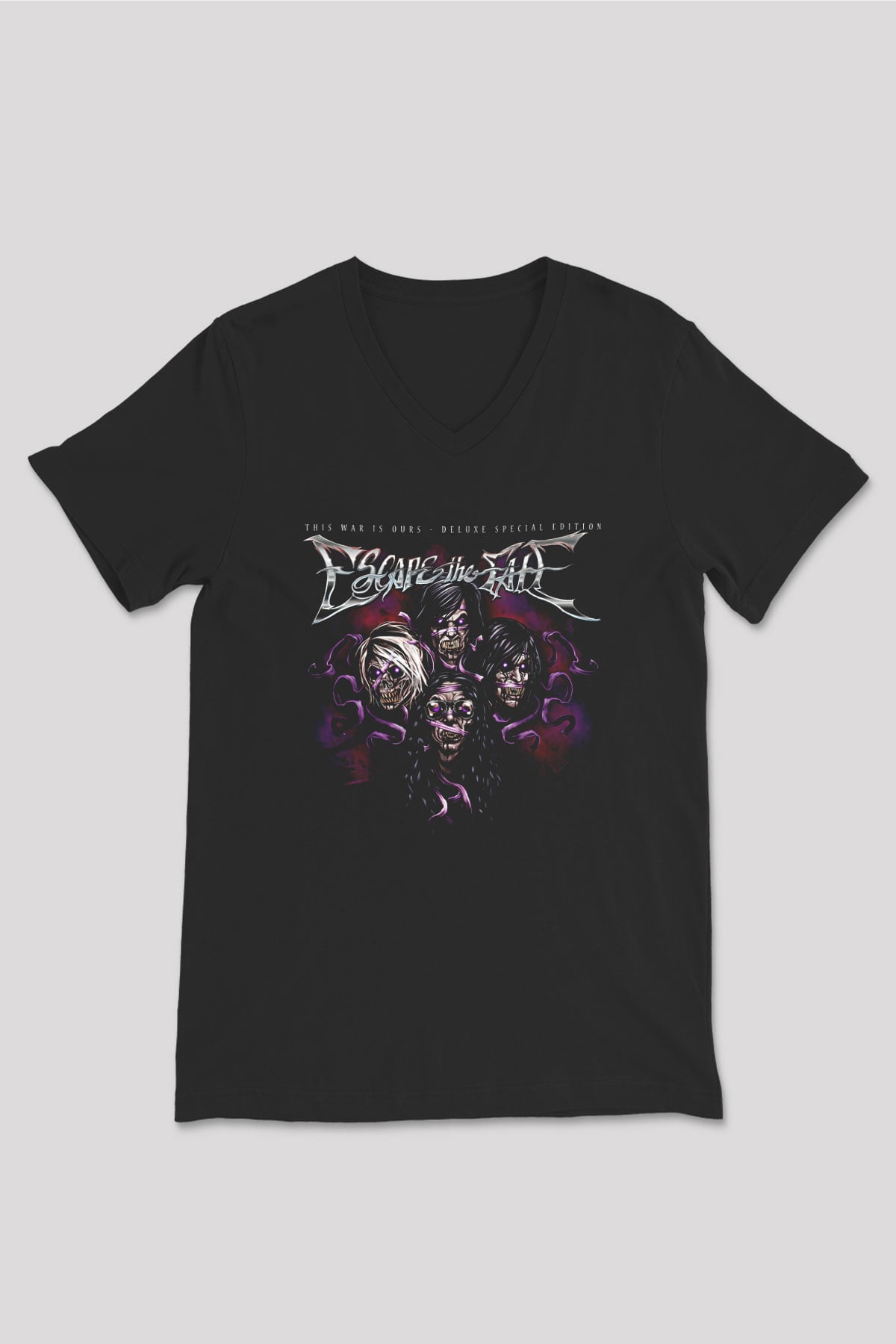 Escape the fate Baskılı Unisex Siyah V Yaka Tişört - Tshirt