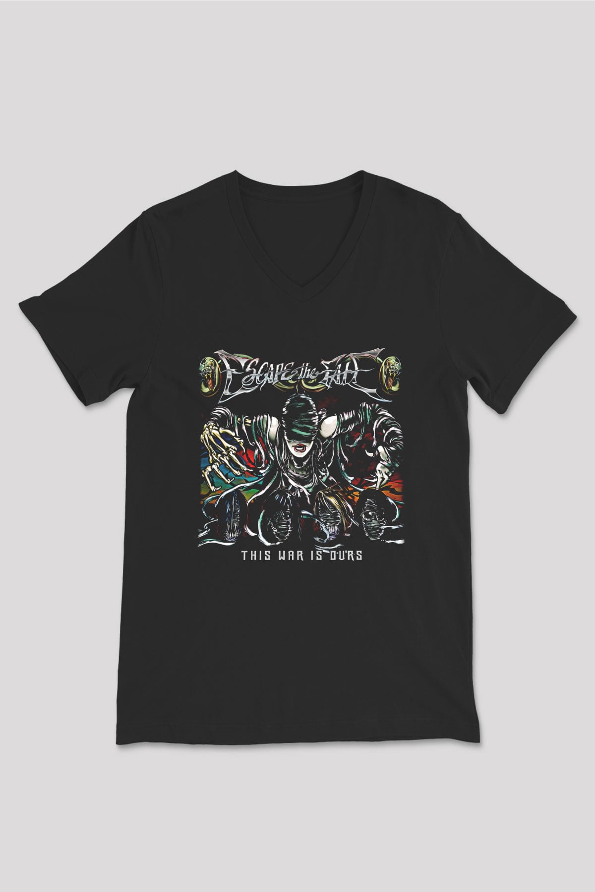 Escape the fate Baskılı Unisex Siyah V Yaka Tişört - Tshirt