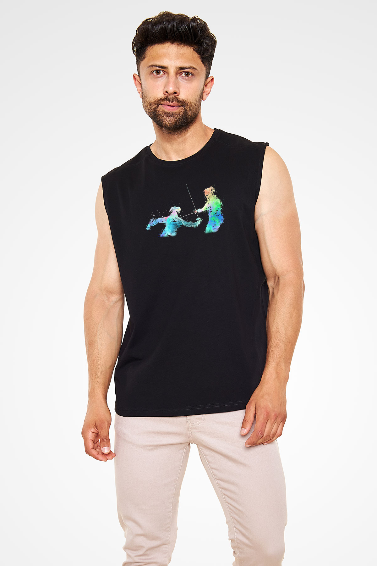 Eskrim - Fencing Baskılı Unisex Siyah Kolsuz Tişört