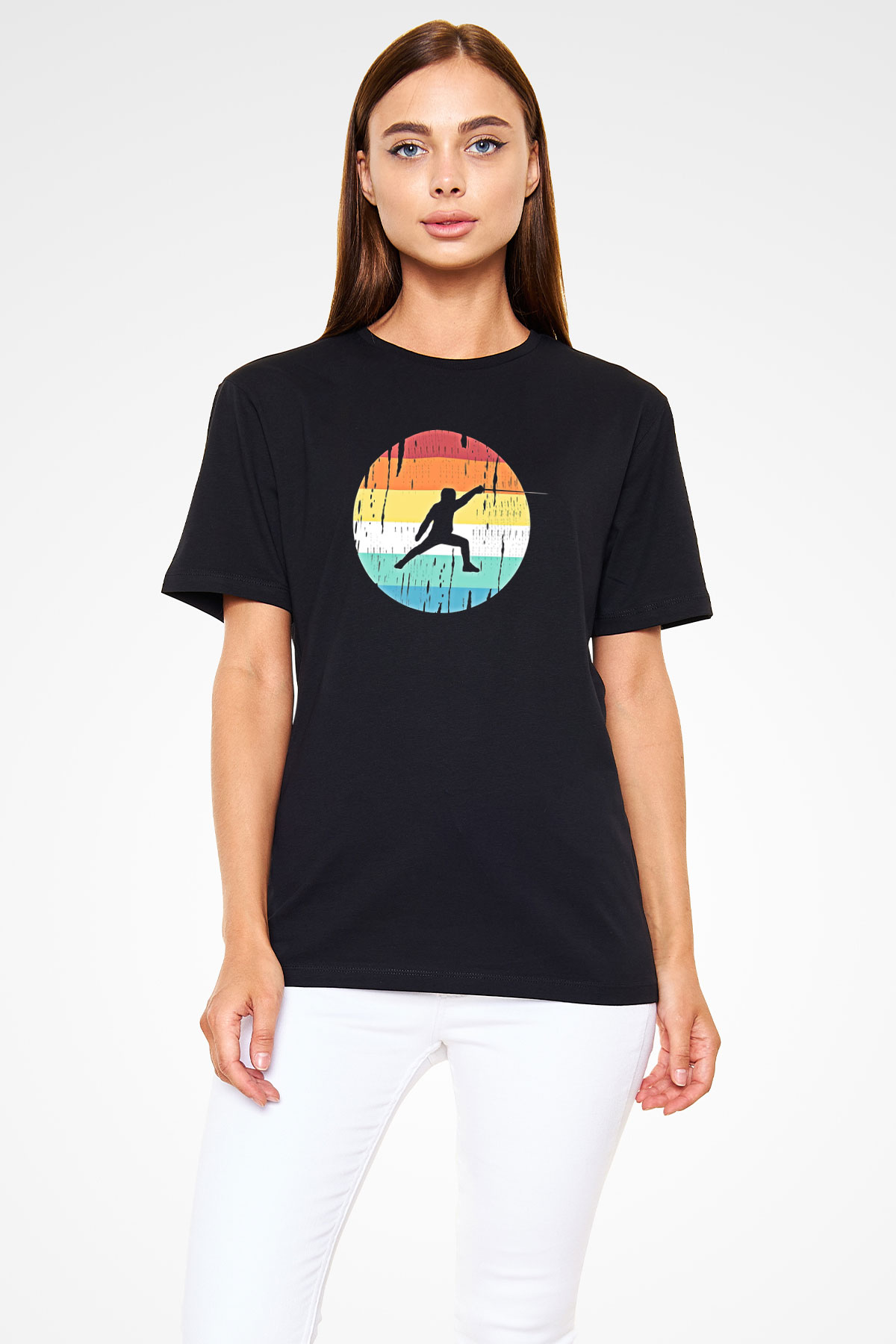 Eskrim - Fencing Baskılı Unisex Siyah Tişört - Tshirt