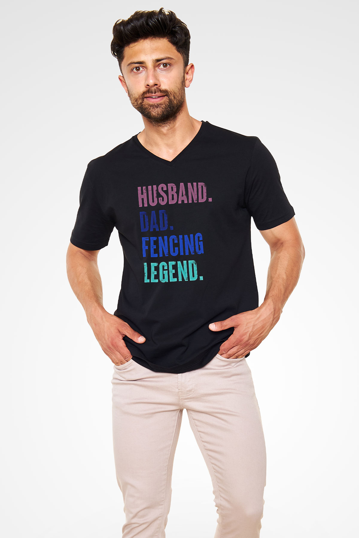 Eskrim - Fencing Baskılı Unisex Siyah V Yaka Tişört