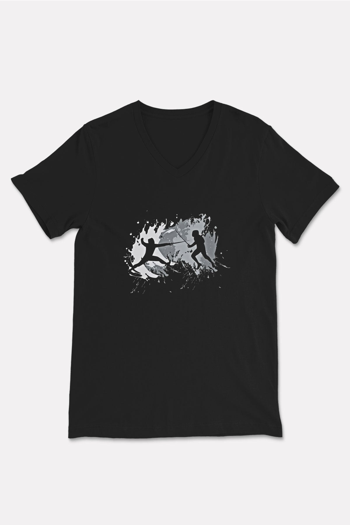 Eskrim - Fencing Baskılı Unisex Siyah V Yaka Tişört