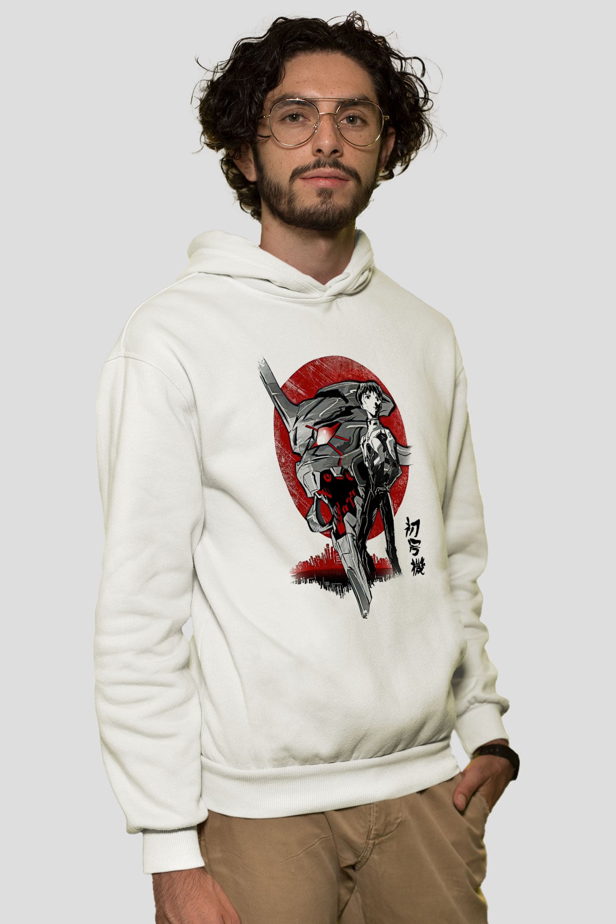 Evangelion Baskılı Beyaz Unisex Hoodie
