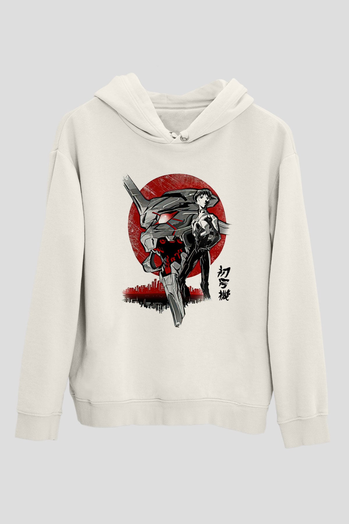 Evangelion Baskılı Beyaz Unisex Hoodie
